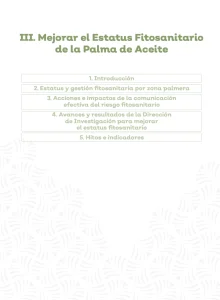 Diapositiva 'III. Mejorar el Estatus Fitosanitario de la Palma de Aceite'. La sección incluye: Introducción, Gestión Fitosanitaria, Comunicación de riesgo, Avances de Investigación y Hitos/Indicadores.