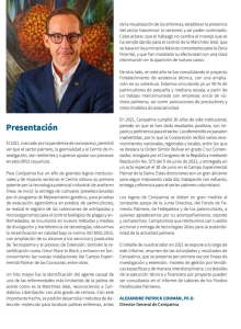 Página de 'Presentación' del informe con la foto de Alexandre Patrick Cooman, Director General de Cenipalma. El texto describe los logros del año, destacando avances en investigación.