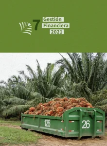 Diapositiva '7 Gestión Financiera 2021'. La imagen de fondo es un contenedor verde, lleno de racimos de fruta de palma.