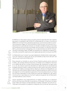 Página de 'Presentación' del Informe de Gestión Fedepalma 2020. Contiene una fotografía de Jens Mesa Dishington, Presidente Ejecutivo, y texto sobre la adaptación de la Federación a la coyuntura del COVID-19 y sus estrategias gremiales.