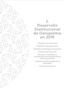 Tabla de contenido o sección de índice titulada I. Desarrollo Institucional de Cenipalma en 2019, listando siete puntos clave como Órganos de Dirección, Gestión Organizacional, Gestión de Investigación y Extensión, y Reconocimientos.