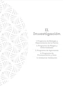 Portada de la Sección II: "Investigación", listando los programas de Biología, Plagas, Agronomía, Procesamiento y la Unidad de Validación