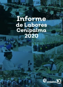 Portada del 'Informe de Labores Cenipalma 2020'. Es un collage de fotos que ilustra diversas actividades