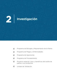 Diapositiva '2 Investigación'. Enumera seis programas clave: Biología, Plagas, Agronomía, Procesamiento, Proyecto especial de Usos/Beneficios, y Unidad de Validación."