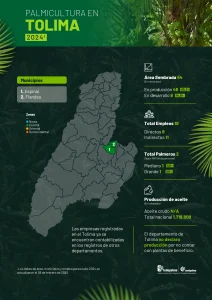 Mapa del departamento de Tolima que muestra la distribución y principales datos sobre la producción de palma de aceite en la región, incluyendo áreas cultivadas, municipios productores y cifras representativas del sector palmicultor.