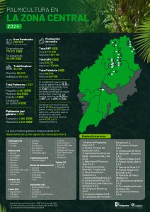 Mapa de la zona central que muestra la distribución y principales datos sobre la producción de palma de aceite en la región, incluyendo áreas cultivadas, municipios productores y cifras representativas del sector palmicultor.