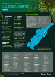 Mapa del departamento de la zona norte que muestra la distribución y principales datos sobre la producción de palma de aceite en la región, incluyendo áreas cultivadas, municipios productores y cifras representativas del sector palmicultor.