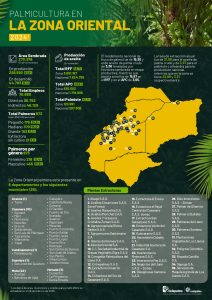 Mapa de la zona Oriental que muestra la distribución y principales datos sobre la producción de palma de aceite en la región, incluyendo áreas cultivadas, municipios productores y cifras representativas del sector palmicultor.