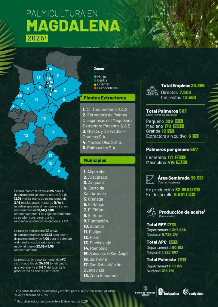 Mapa del departamento de Magdalena que muestra la distribución y principales datos sobre la producción de palma de aceite en la región, incluyendo áreas cultivadas, municipios productores y cifras representativas del sector palmicultor.