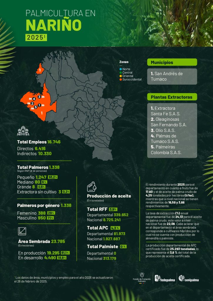Mapa del departamento de Nariño que muestra la distribución y principales datos sobre la producción de palma de aceite en la región, incluyendo áreas cultivadas, municipios productores y cifras representativas del sector palmicultor.