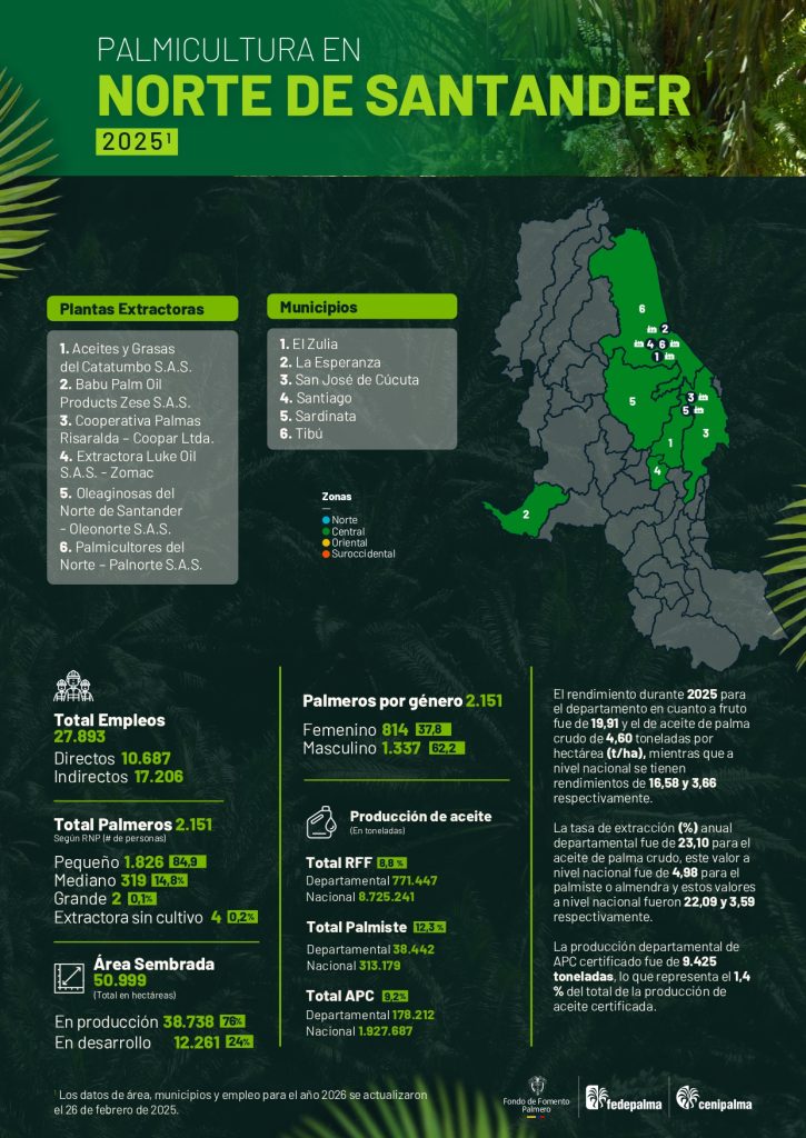 Mapa del departamento de Norte de Santander que muestra la distribución y principales datos sobre la producción de palma de aceite en la región, incluyendo áreas cultivadas, municipios productores y cifras representativas del sector palmicultor.