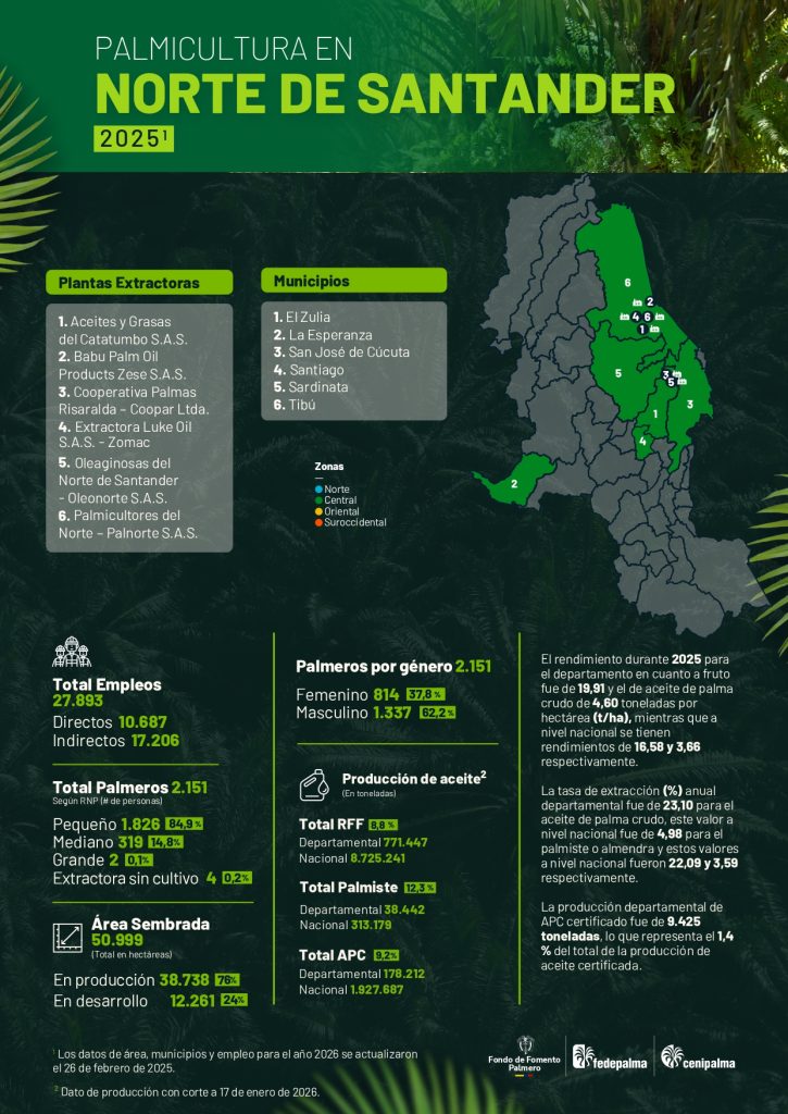 https://fedepalma.org/wp-content/uploads/2025/10/AEDIT-BOLIVAR.pdf Mapa del departamento de Norte de Santander que muestra la distribución y principales datos sobre la producción de palma de aceite en la región, incluyendo áreas cultivadas, municipios productores y cifras representativas del sector palmicultor.