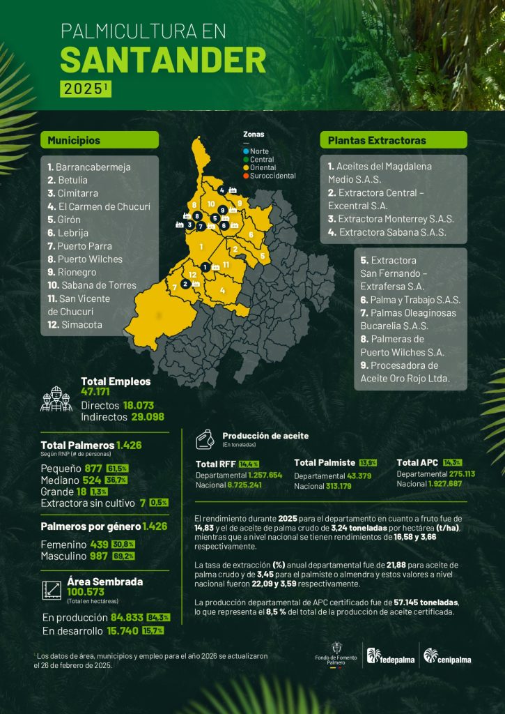 Mapa del departamento de Santander que muestra la distribución y principales datos sobre la producción de palma de aceite en la región, incluyendo áreas cultivadas, municipios productores y cifras representativas del sector palmicultor.
