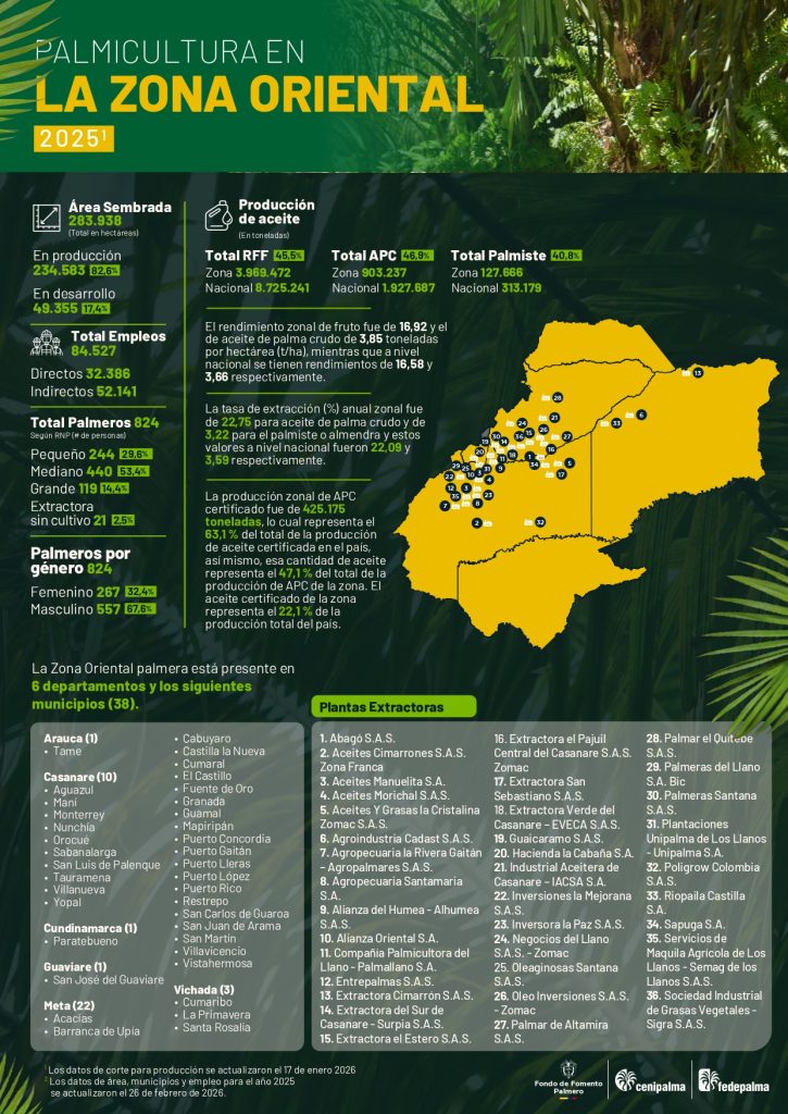 Mapa de la zona Oriental que muestra la distribución y principales datos sobre la producción de palma de aceite en la región, incluyendo áreas cultivadas, municipios productores y cifras representativas del sector palmicultor.
